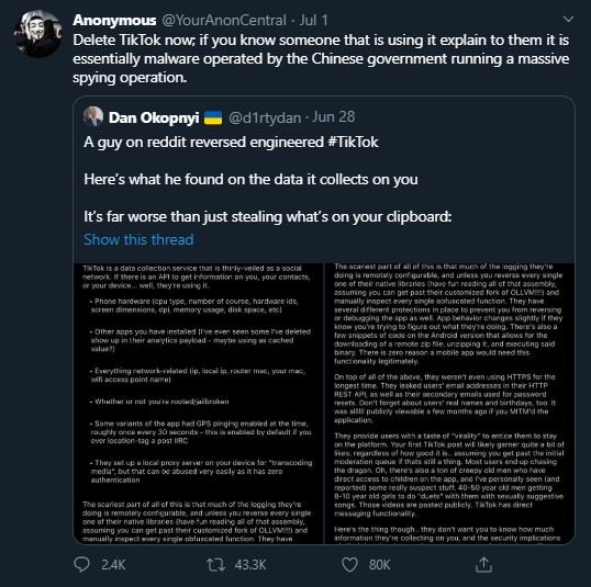 Anonymous tweet on TikTok