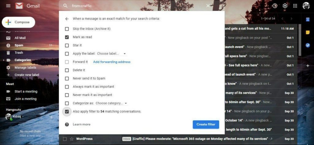 gmail craffic filter