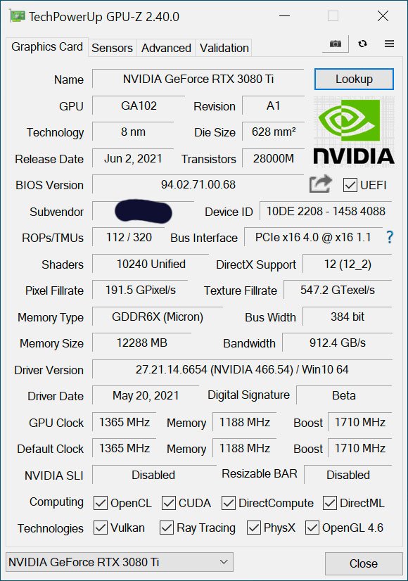 NVIDIA RTX 3080 Ti with factory-overclocking GPU-Z lisiting