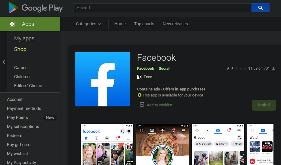 Facebook Google Play Rating