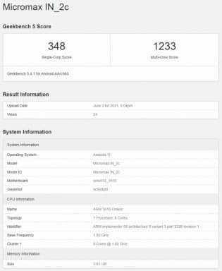 GeekBench Score In 2c